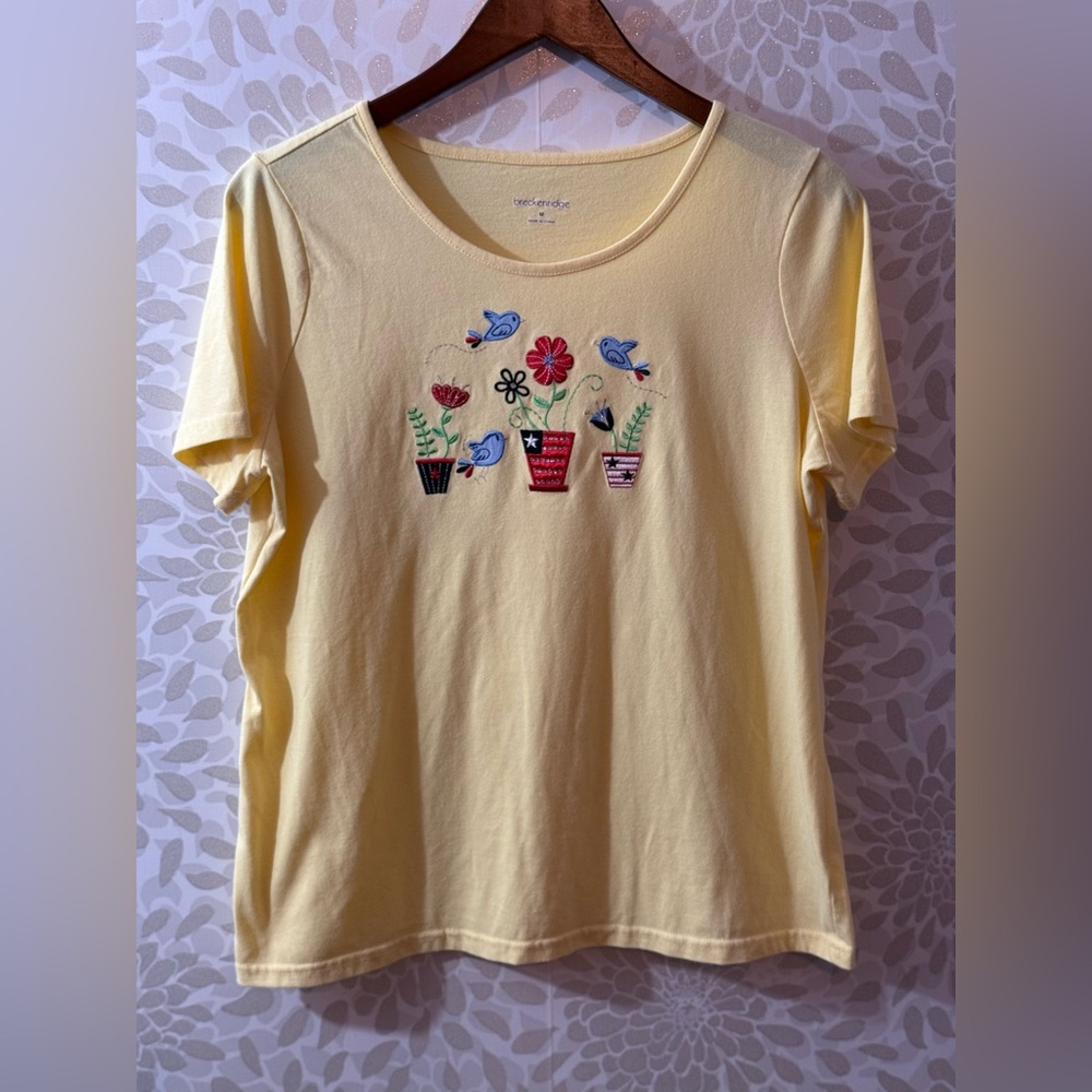 Vintage Breckenridge Women’s M Yellow Bird Flower Embroidered Tee T Shirt Top